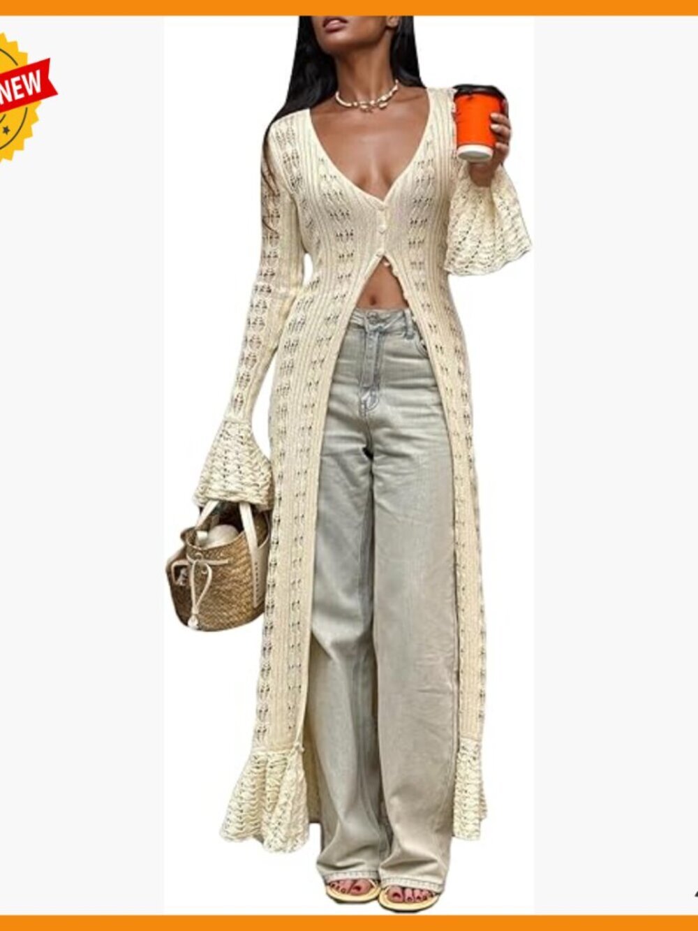 Long Crochet Cardigan with Bell Sleeves Lightweight Duster Sweater Cover Up